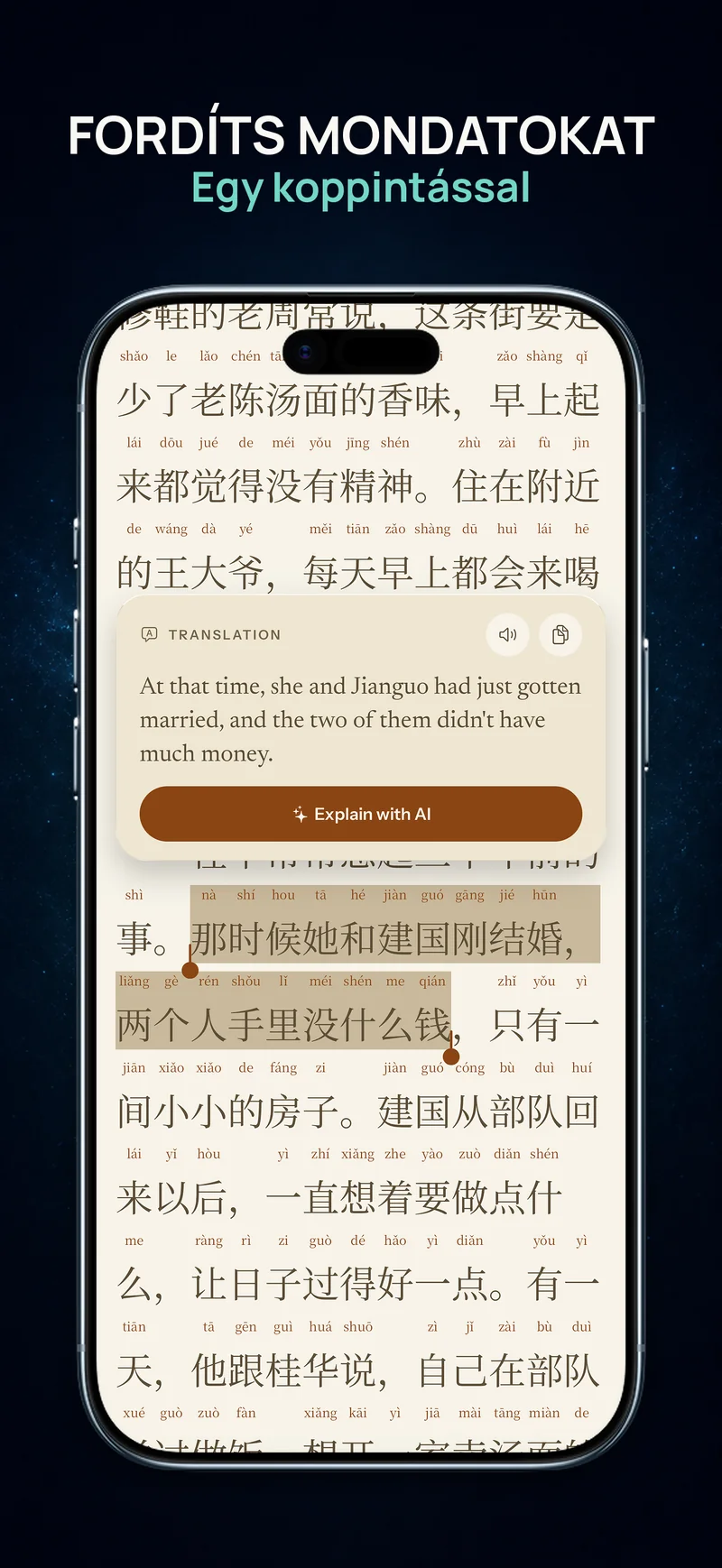 Egy teljes mondat fordítása egy kínai webregény fejezetéből a ChineseBoo olvasójában
