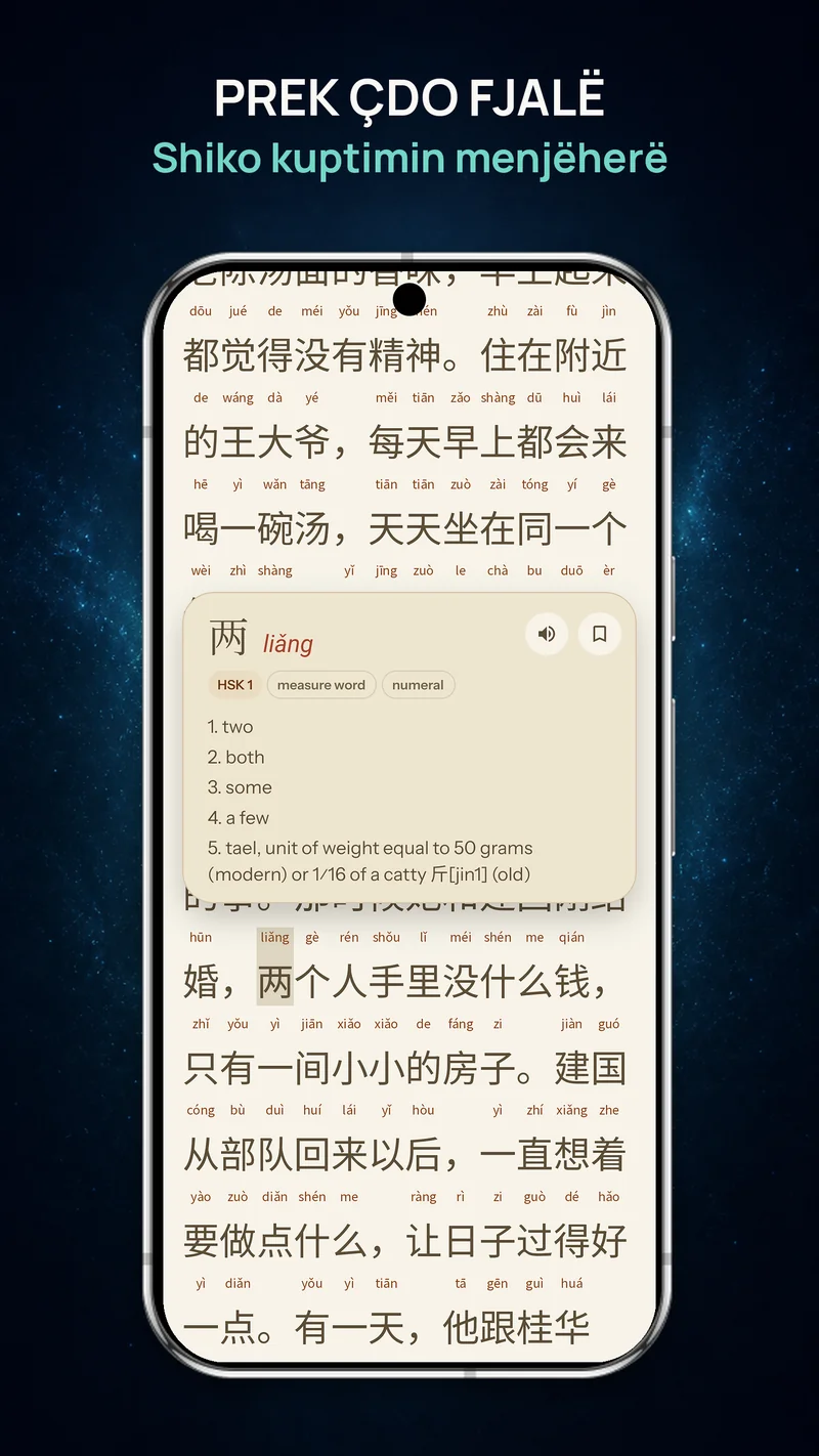 Lexuesi ChineseBoo që shfaq pinyin mbi karakteret kineze me fjalorin e hapur pas prekjes