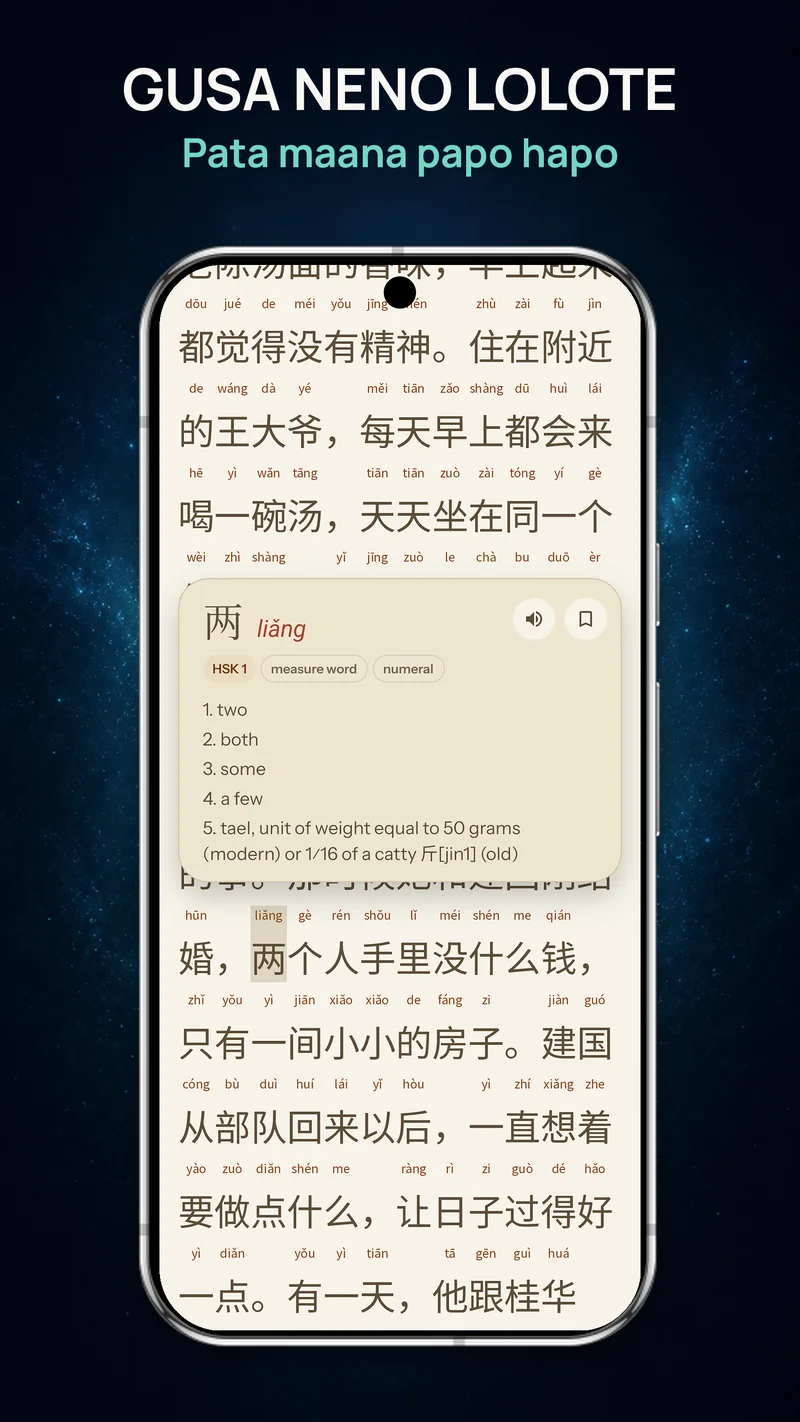 Kisomaji cha ChineseBoo kikionyesha pinyin juu ya herufi za Kichina na kamusi iliyofunguliwa kwa kugusa