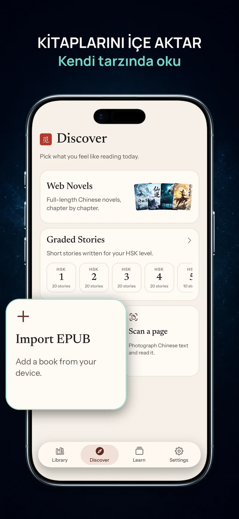 ChineseBoo Keşfet bölümünde EPUB içe aktarma seçeneğini gösteren ekran